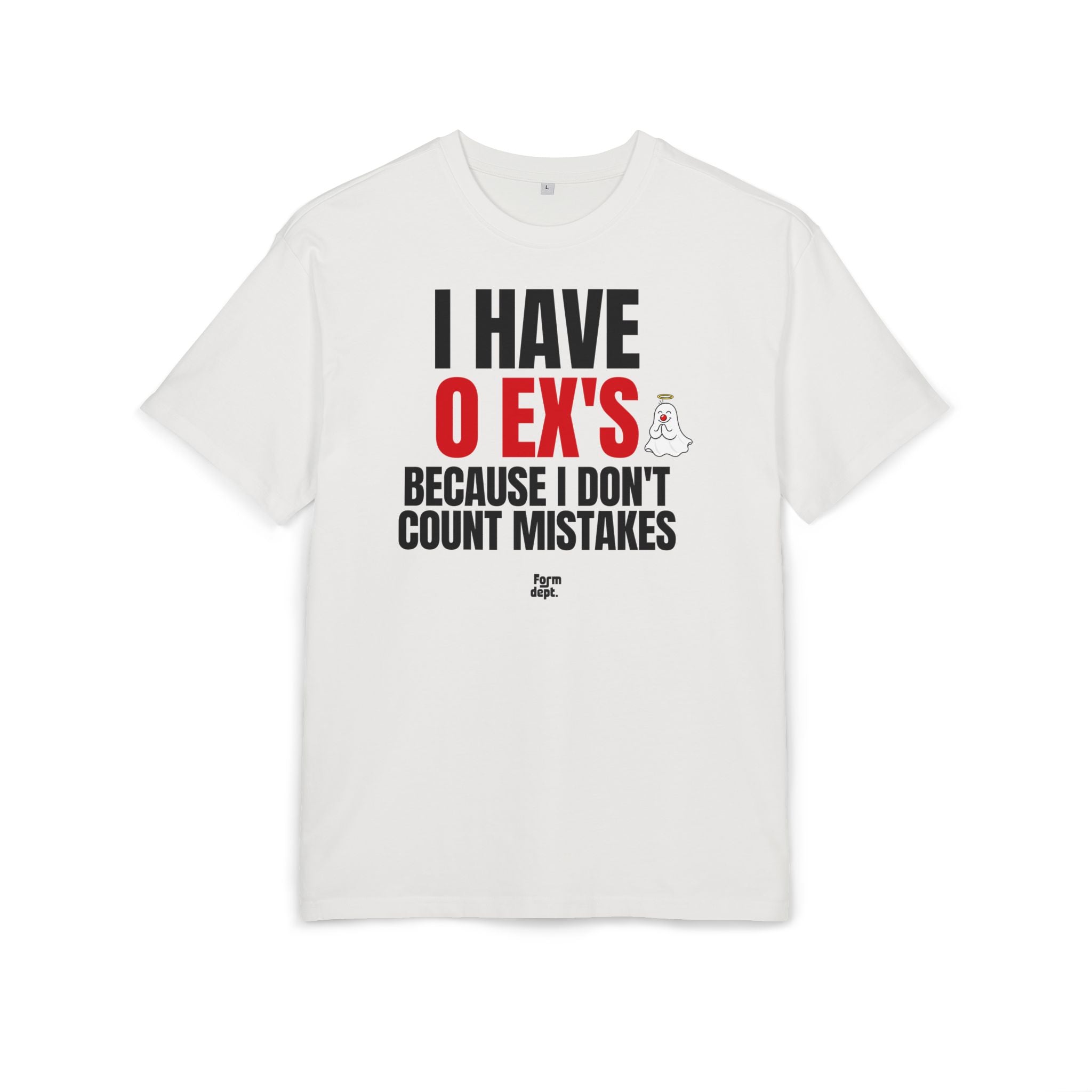 Camiseta oversize unisex «I Have 0 Ex’s Because I Don’t Count Mistakes» con estampado negro y rojo – vista 2 – Form Dept.
