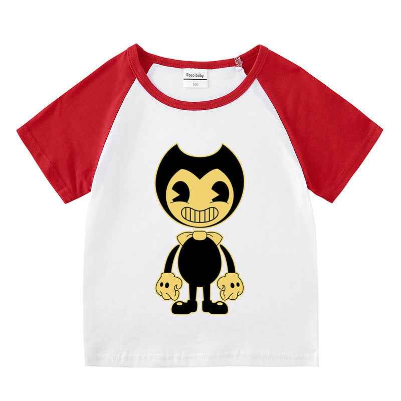 Short sleeved T-shirt for boys and girls with shoulder inserted base