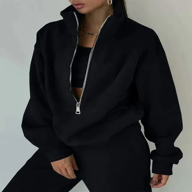 Stand Collar Suit Zip Up Crop Sportswear Long Sleeve Sweatshirt And Trousers For Spring Fall Women's Clothing - Bella Enchanté