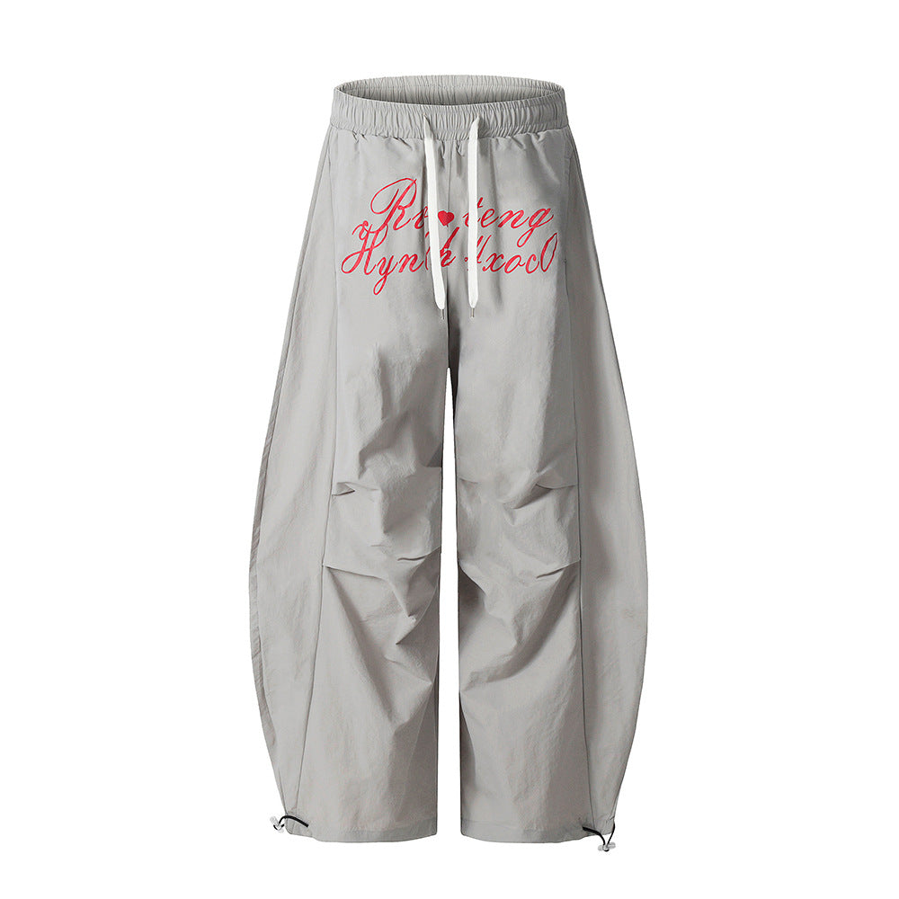 Letter Print Wide-Leg Nylon Pants – Street Style Drawstring Joggers