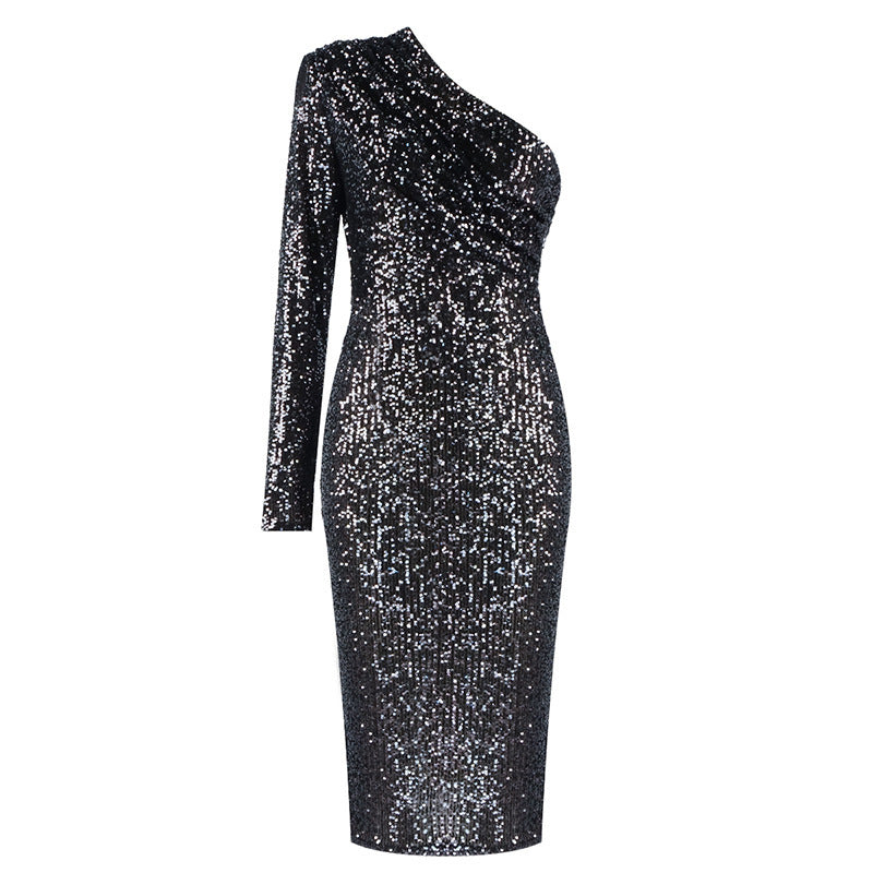 One-Shoulder Strapless Waist Sequined Shiny Catwalk Stage Dress