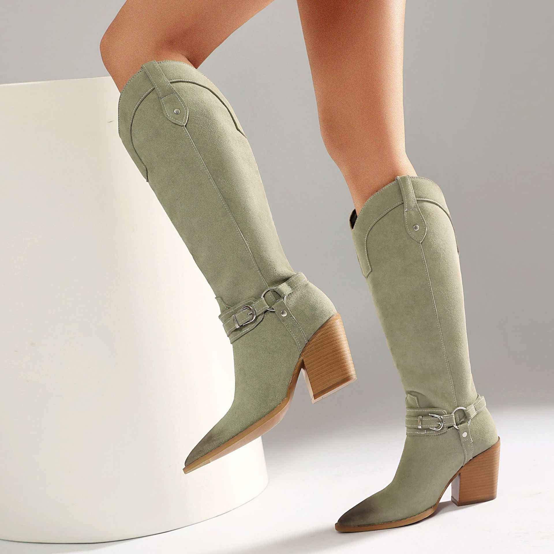 High heels, thick heels, women's boots, high boots, western boots