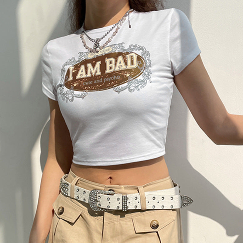 Alphabet Print Crew Neck Short Sleeve Cropped Navel Top