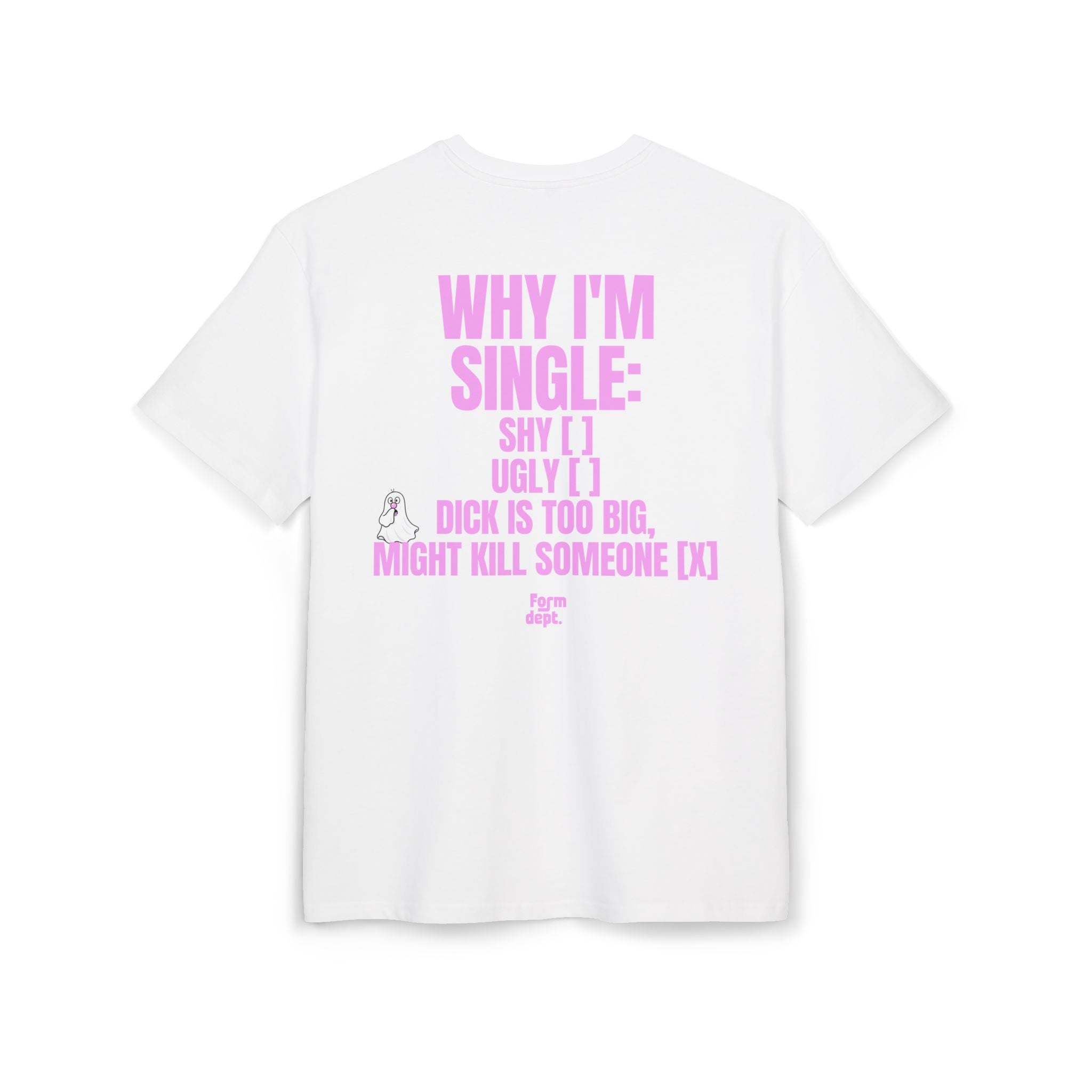 Camiseta oversize unisex «Why I’m Single – My Dog Doesn’t Approve» con fantasma Nubi y estampado rosa – vista 2 – Form Dept.