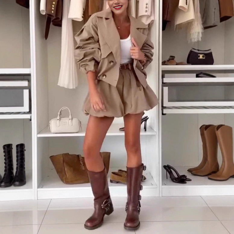 Fashionable Casual Solid Color Turn-Down Collar Short Trench Coat Shorts SetWorkwear Jacket Skirt Pants Suit