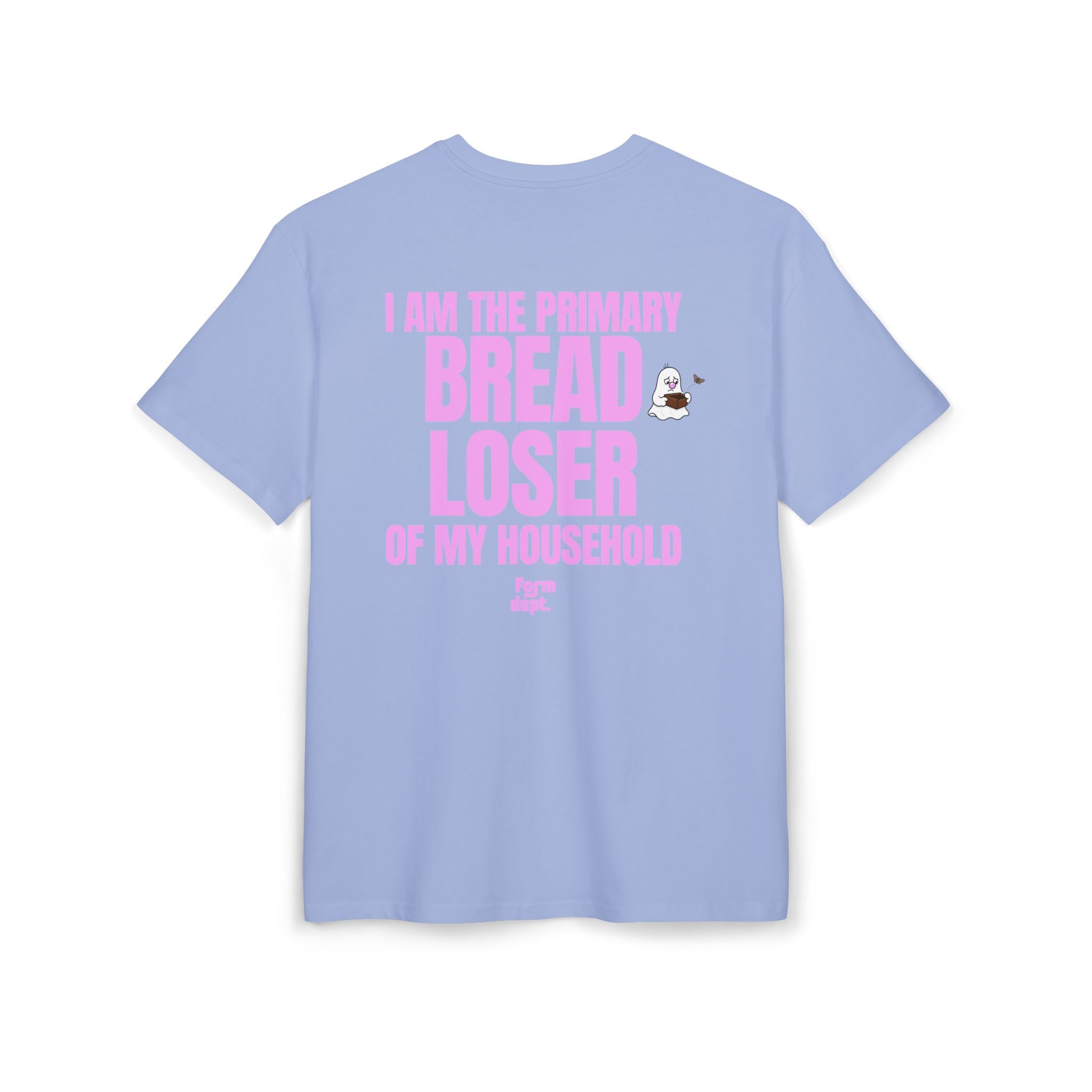 Camiseta oversize unisex «I Am the Primary Bread Loser of My Household» con estampado rosa en la espalda – Form Dept.