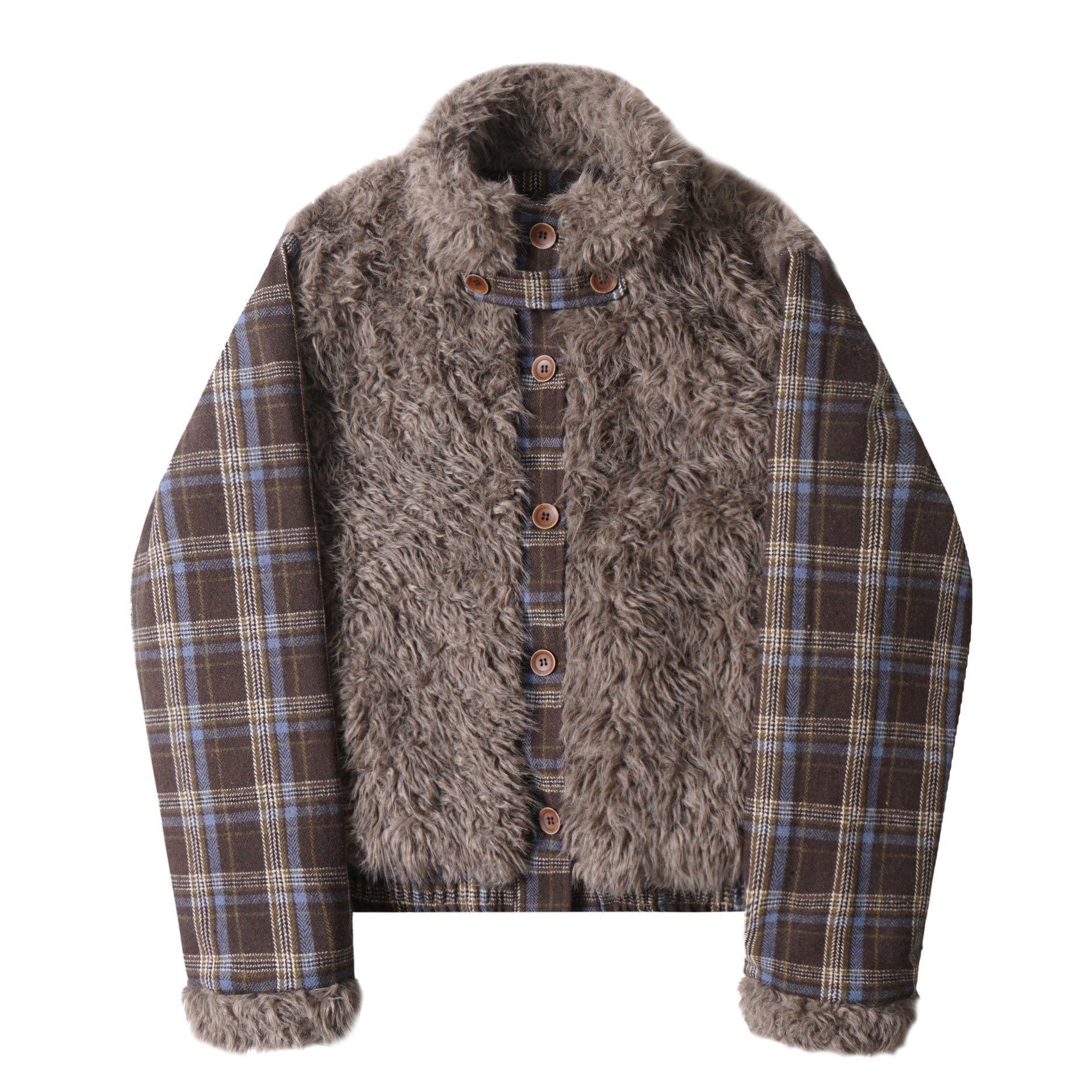 Hairy plaid patchwork stand up collar cotton jacket for women