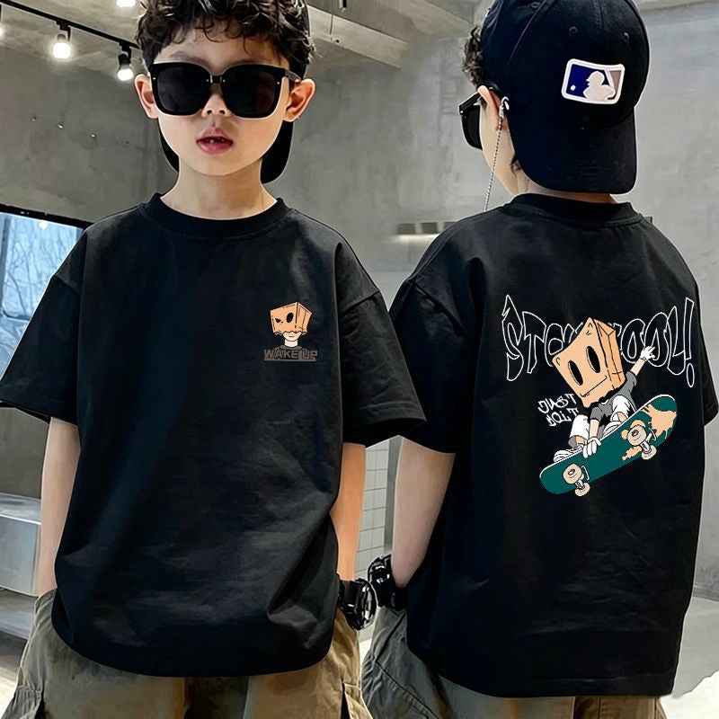 Casual Short Sleeve T-Shirt for Boys, Cartoon Print