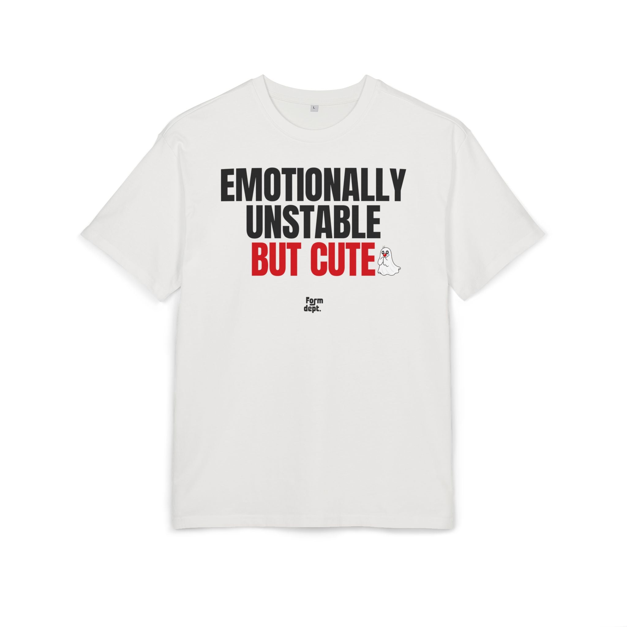 Camiseta oversize unisex «Emotionally Unstable But Cute» con estampado negro y rojo – vista 2 – Form Dept.