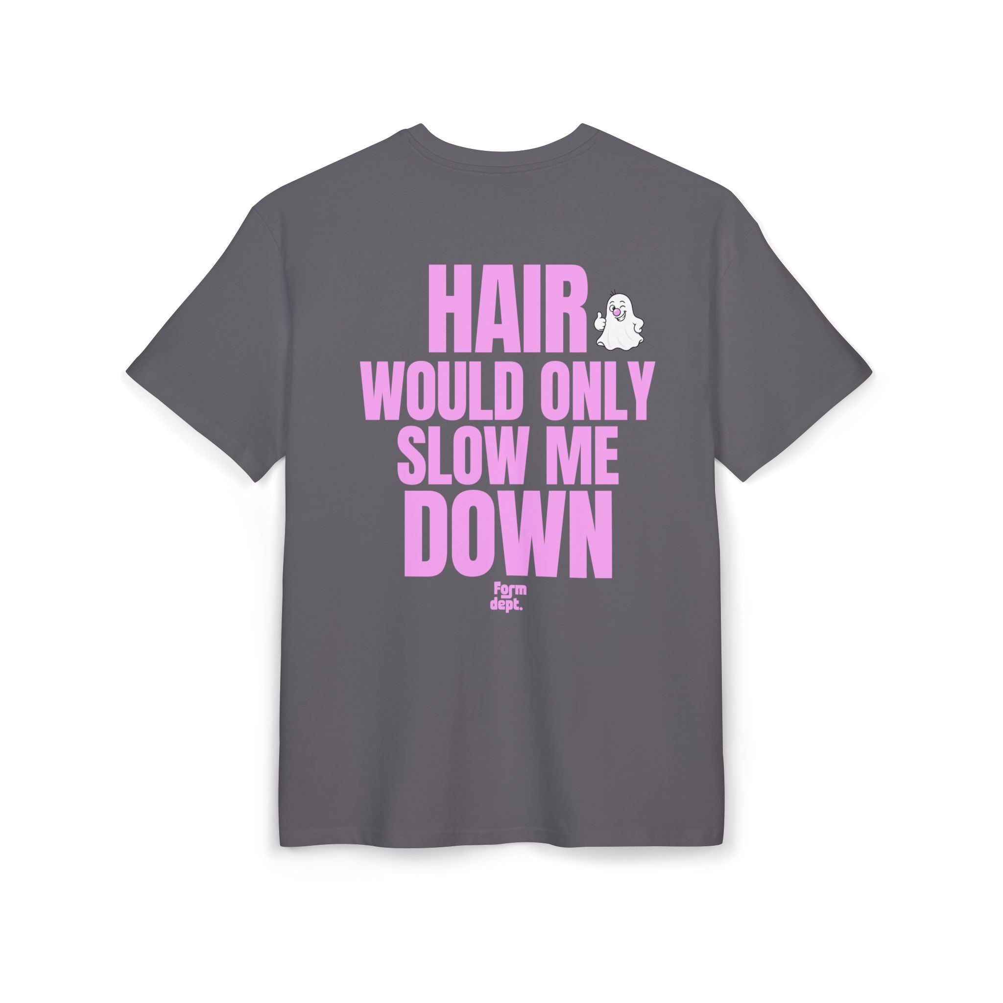 Camiseta oversize unisex «Hair Would Only Slow Me Down» con estampado rosa – vista 5 – Form Dept.