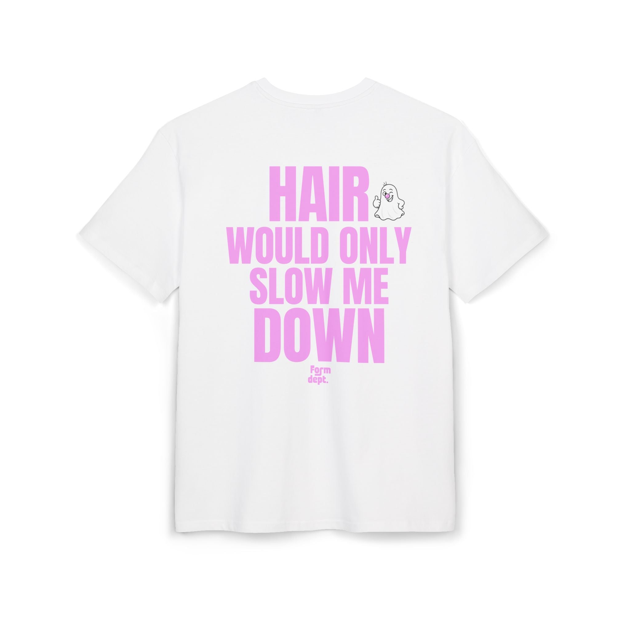 Camiseta oversize unisex «Hair Would Only Slow Me Down» con estampado rosa – vista 2 – Form Dept.