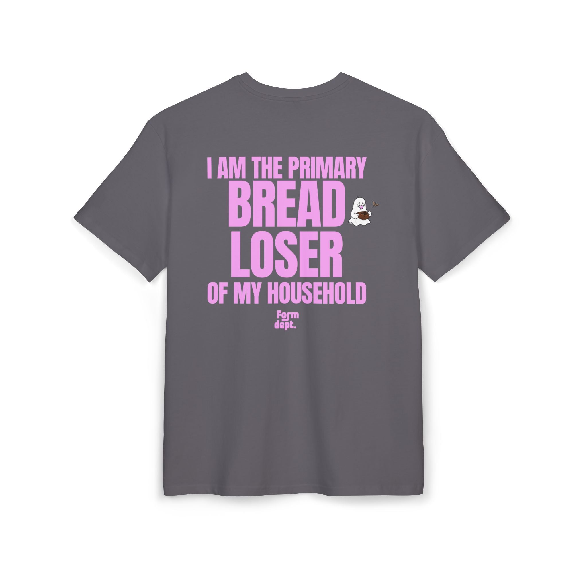 Camiseta oversize unisex «I Am the Primary Bread Loser of My Household» con estampado rosa – vista 5 – Form Dept.