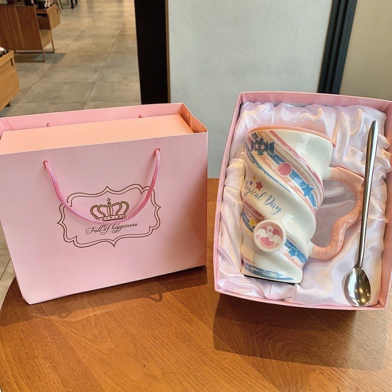 Candy Flamingo Ceramic Cup With Lid And Stainless Steel Spoon