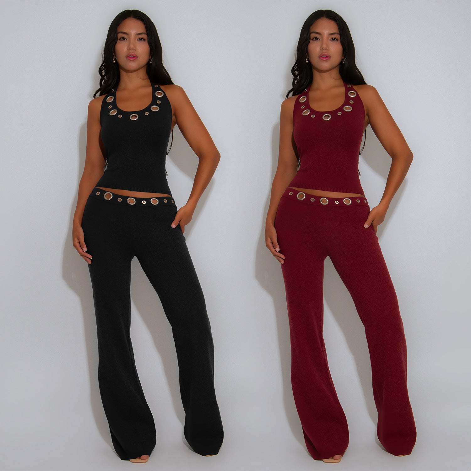 Fashion Women's Casual Fitted Eyelet Button Top and Pants Set