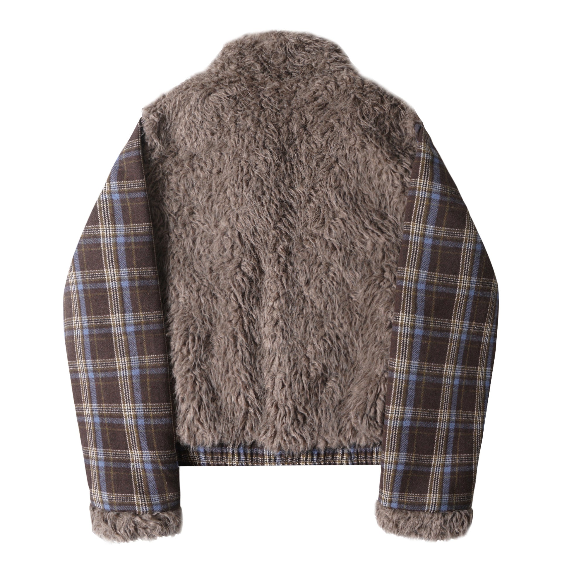 Hairy plaid patchwork stand up collar cotton jacket for women