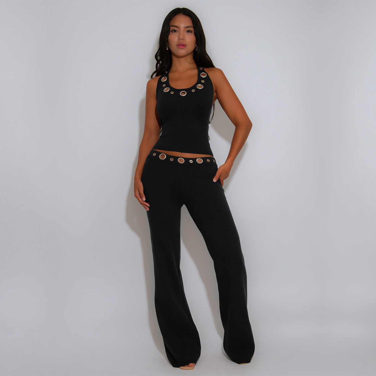 Fashion Women's Casual Fitted Eyelet Button Top and Pants Set