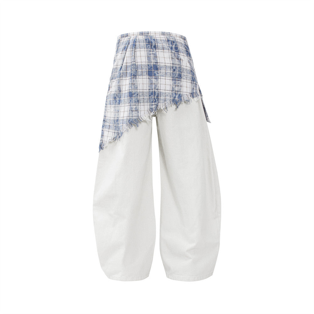 Fake two piece checkered spliced waist strap loose wide leg pants