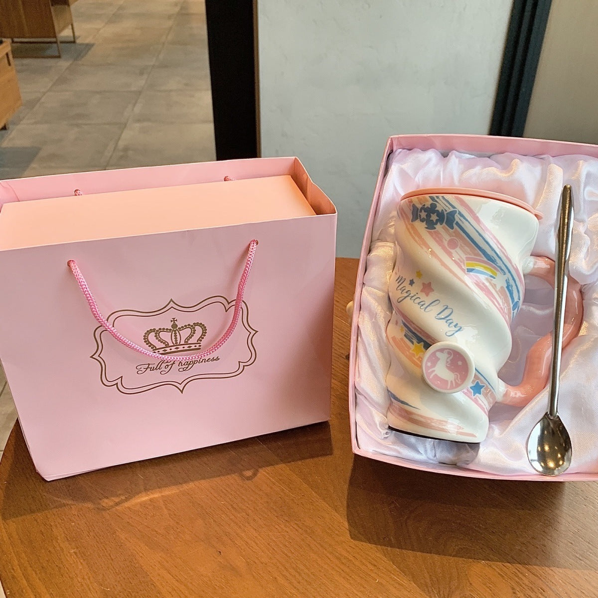 Candy Flamingo Ceramic Cup With Lid And Stainless Steel Spoon