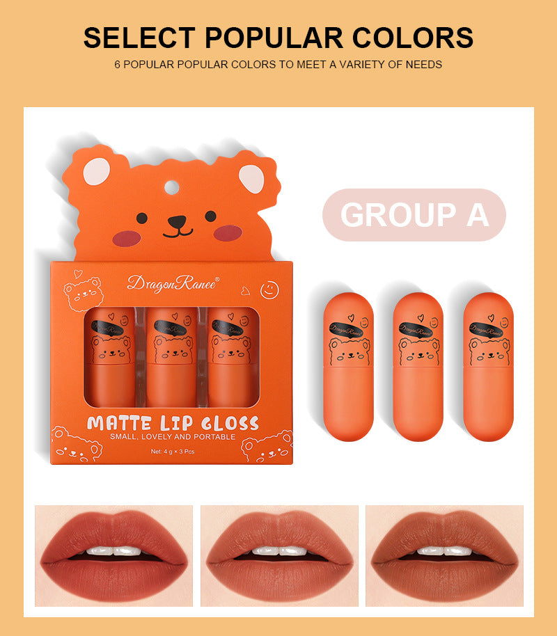 Fog Lip Dew Three Small Sets Of Boxes Matte Lip Glaze Matte Bear Lipstick No Stain On Cup