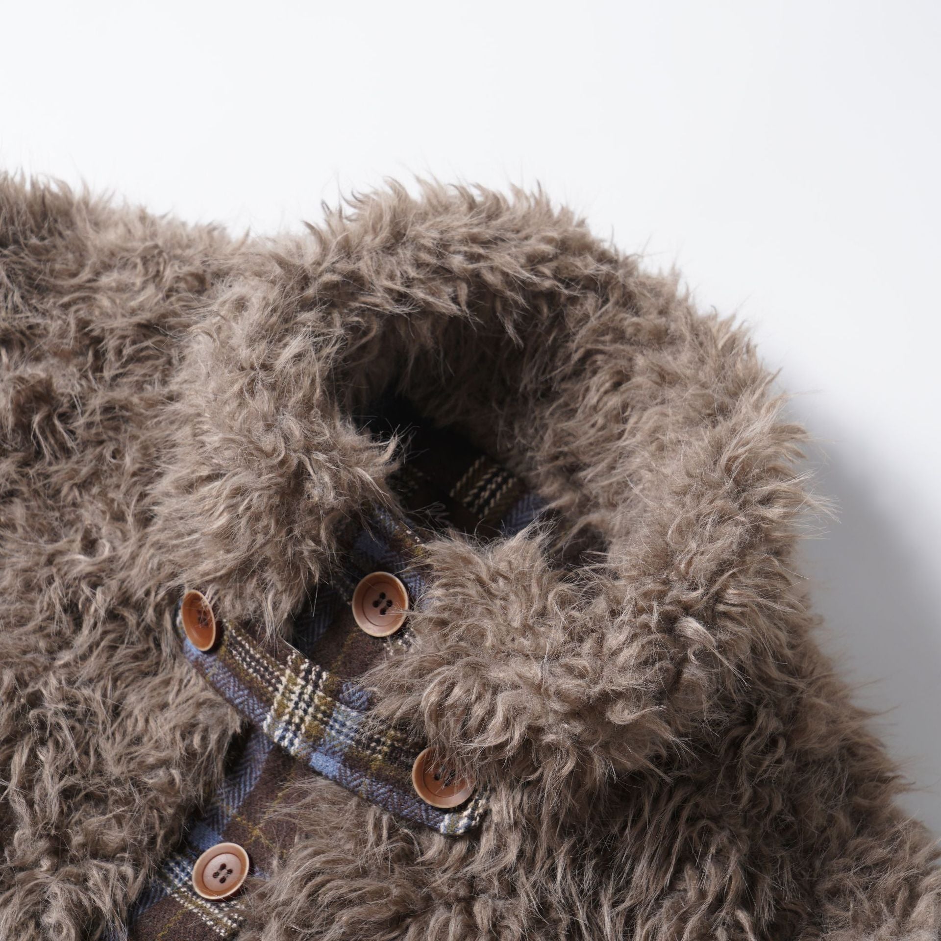Hairy plaid patchwork stand up collar cotton jacket for women