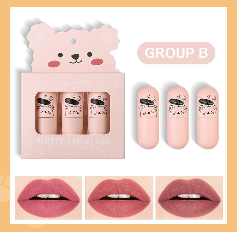 Fog Lip Dew Three Small Sets Of Boxes Matte Lip Glaze Matte Bear Lipstick No Stain On Cup