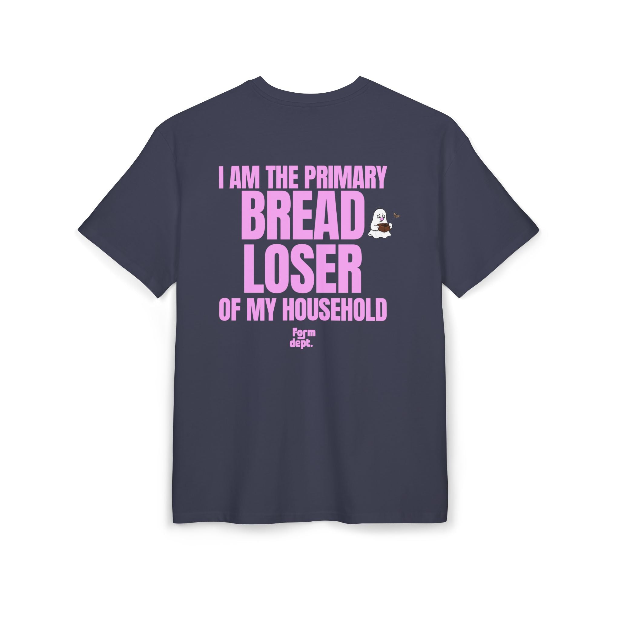 Camiseta oversize unisex «I Am the Primary Bread Loser of My Household» con estampado rosa – vista 4 – Form Dept.