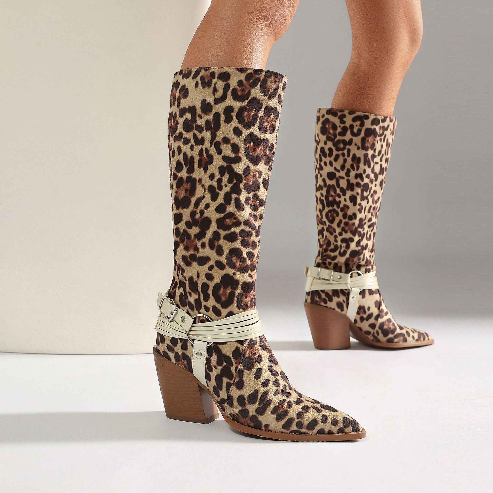 Western Style High Heel Boots for Women, Chunky Heeled, Pointed Toe, Over-the-Knee, Belt Buckle Detail Made to order, ships in 7 days