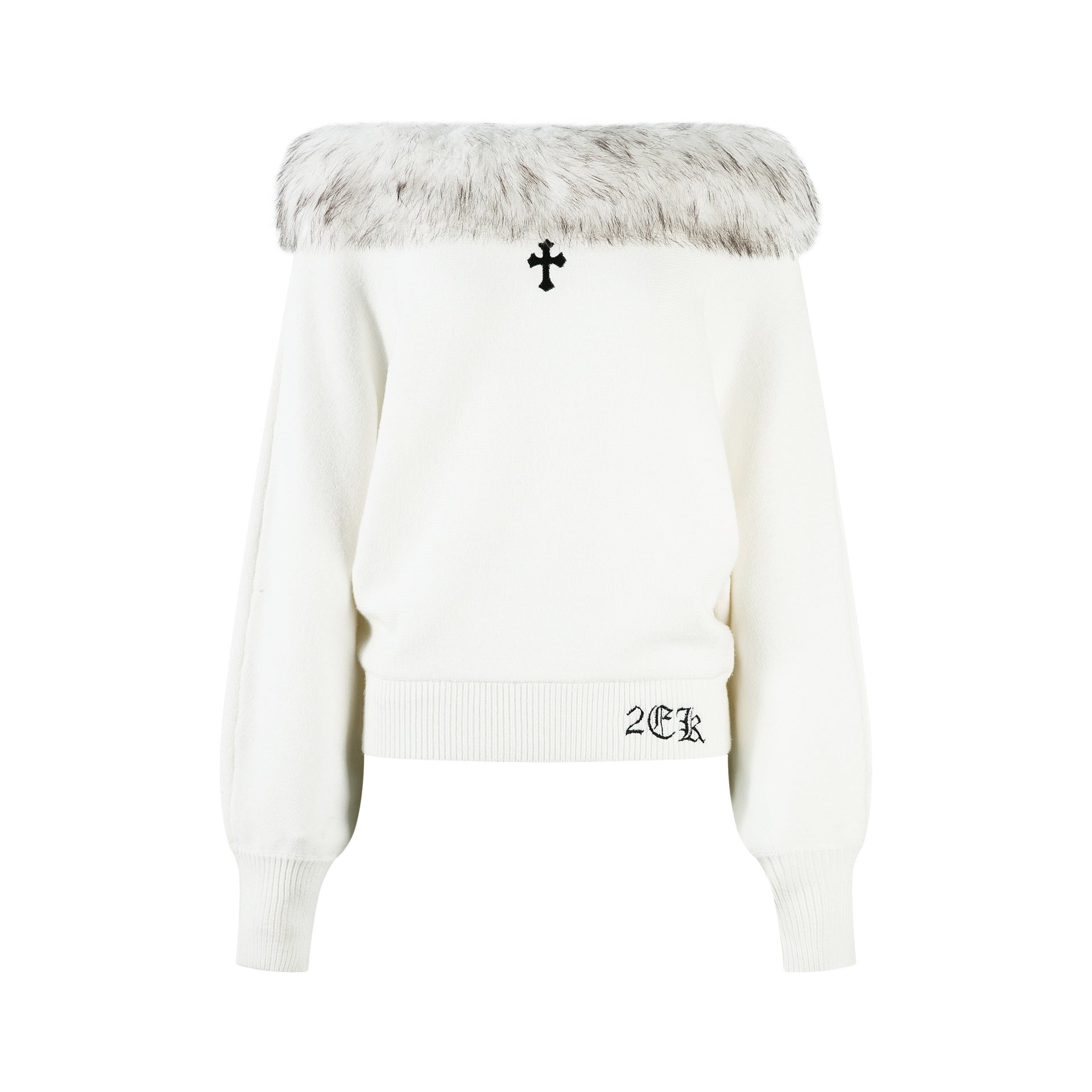 Women's one necked diagonal shoulder cross embroidered knitted sweater