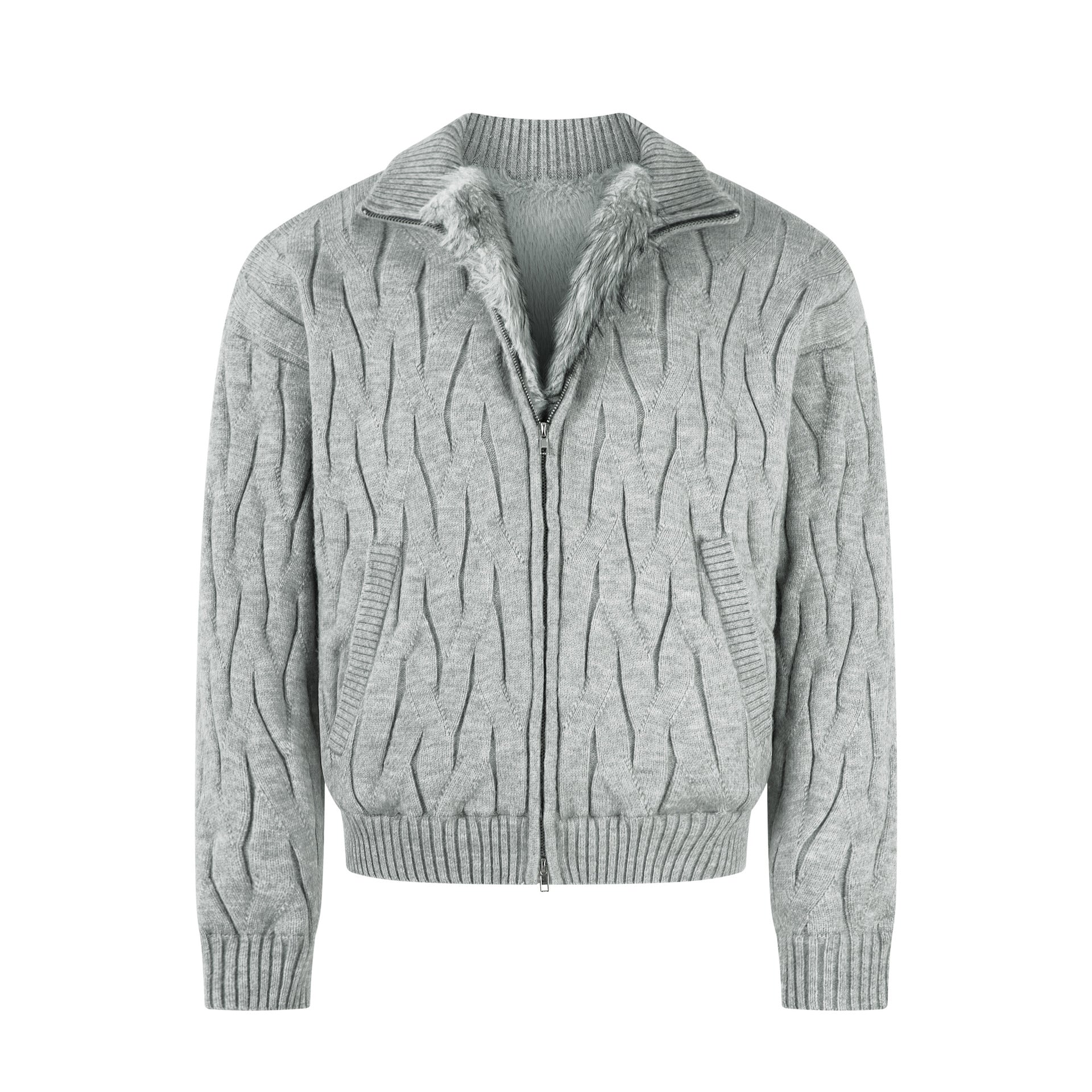 Grey twisted flower thickened velvet knitted sweater jacket