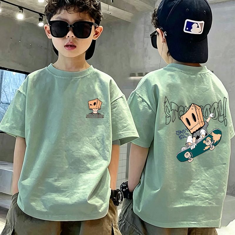Casual Short Sleeve T-Shirt for Boys, Cartoon Print