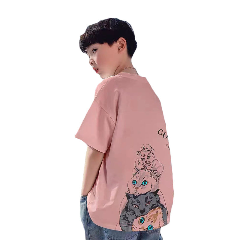 Boy's Short Sleeve T-Shirt Pure Round Neck Middle to Large Kids Letter Cool Loose Half Sleeve T-Shirt