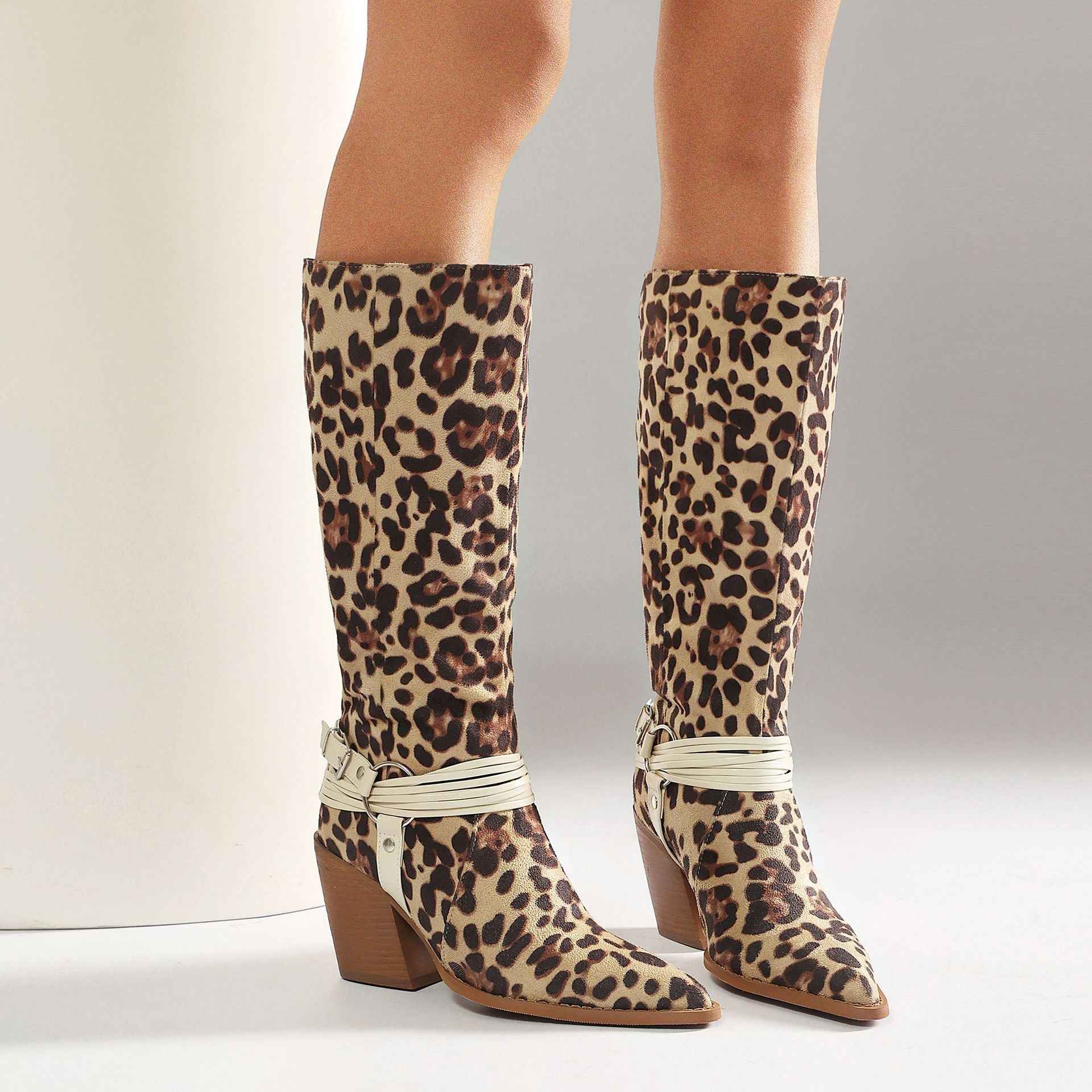 Western Style High Heel Boots for Women, Chunky Heeled, Pointed Toe, Over-the-Knee, Belt Buckle Detail Made to order, ships in 7 days