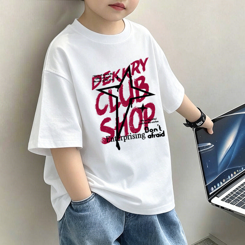 Boys' Letter Print T-Shirt – Casual Short Sleeve Cotton Tee for Kids | 120–170