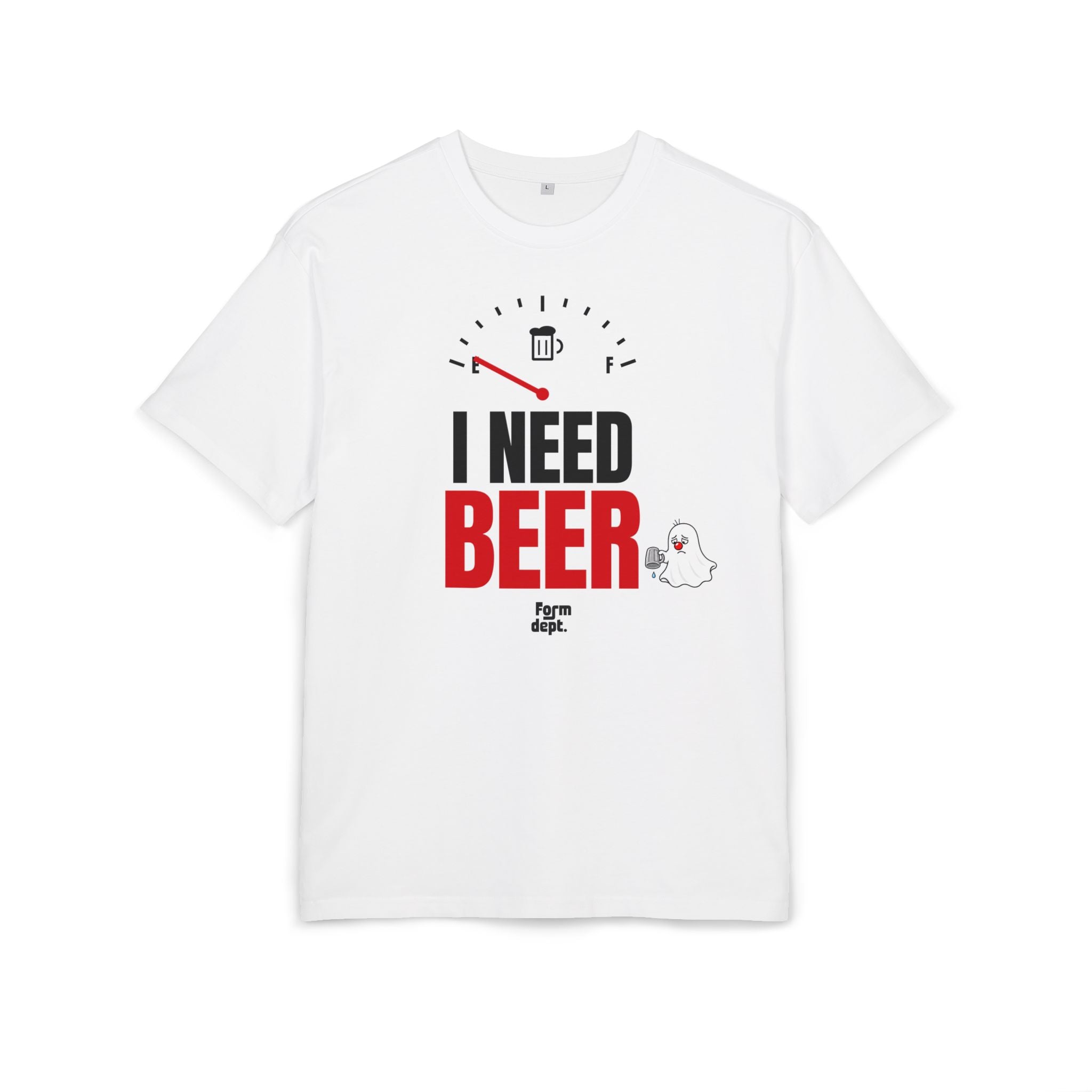 Camiseta oversize unisex «I Need Beer» con estampado negro y rojo en la parte delantera – Form Dept.