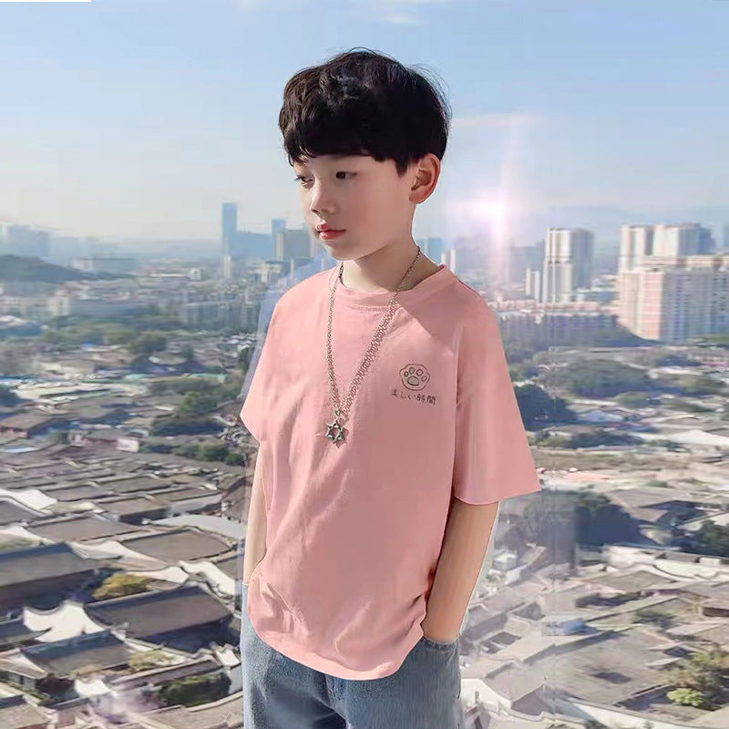 Boy's Short Sleeve T-Shirt Pure Round Neck Middle to Large Kids Letter Cool Loose Half Sleeve T-Shirt