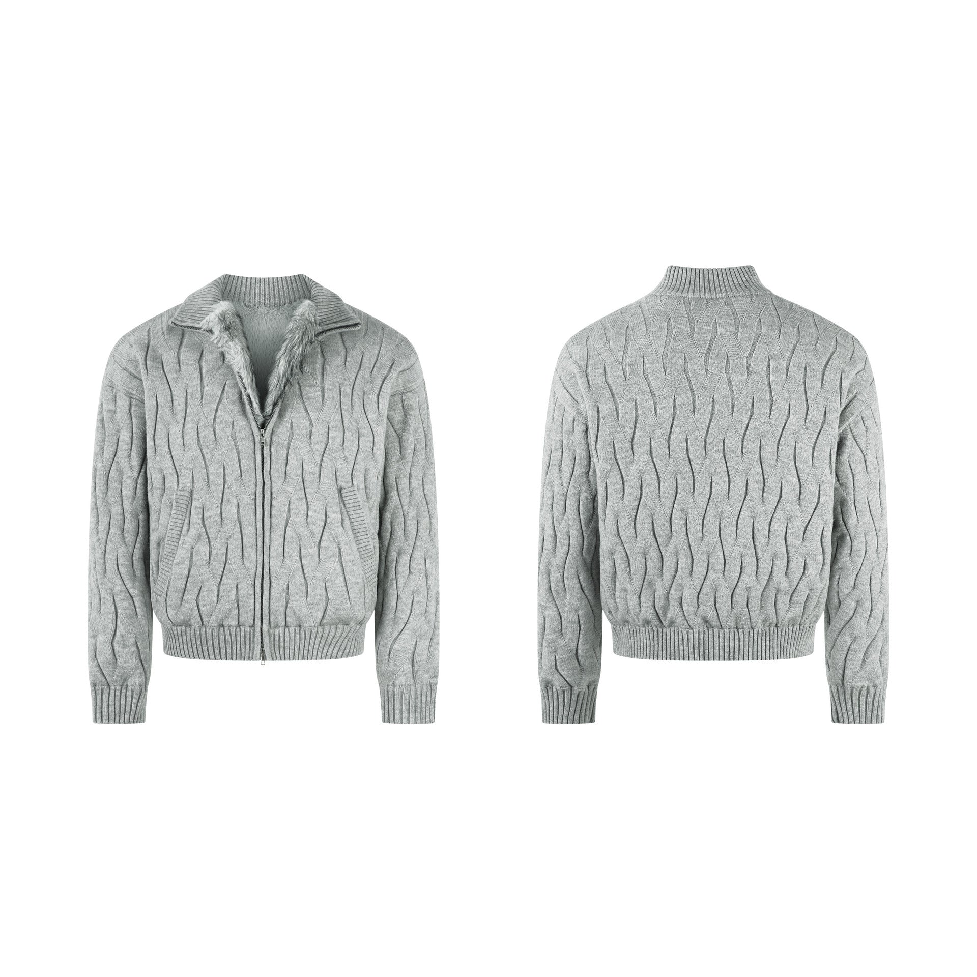 Grey twisted flower thickened velvet knitted sweater jacket