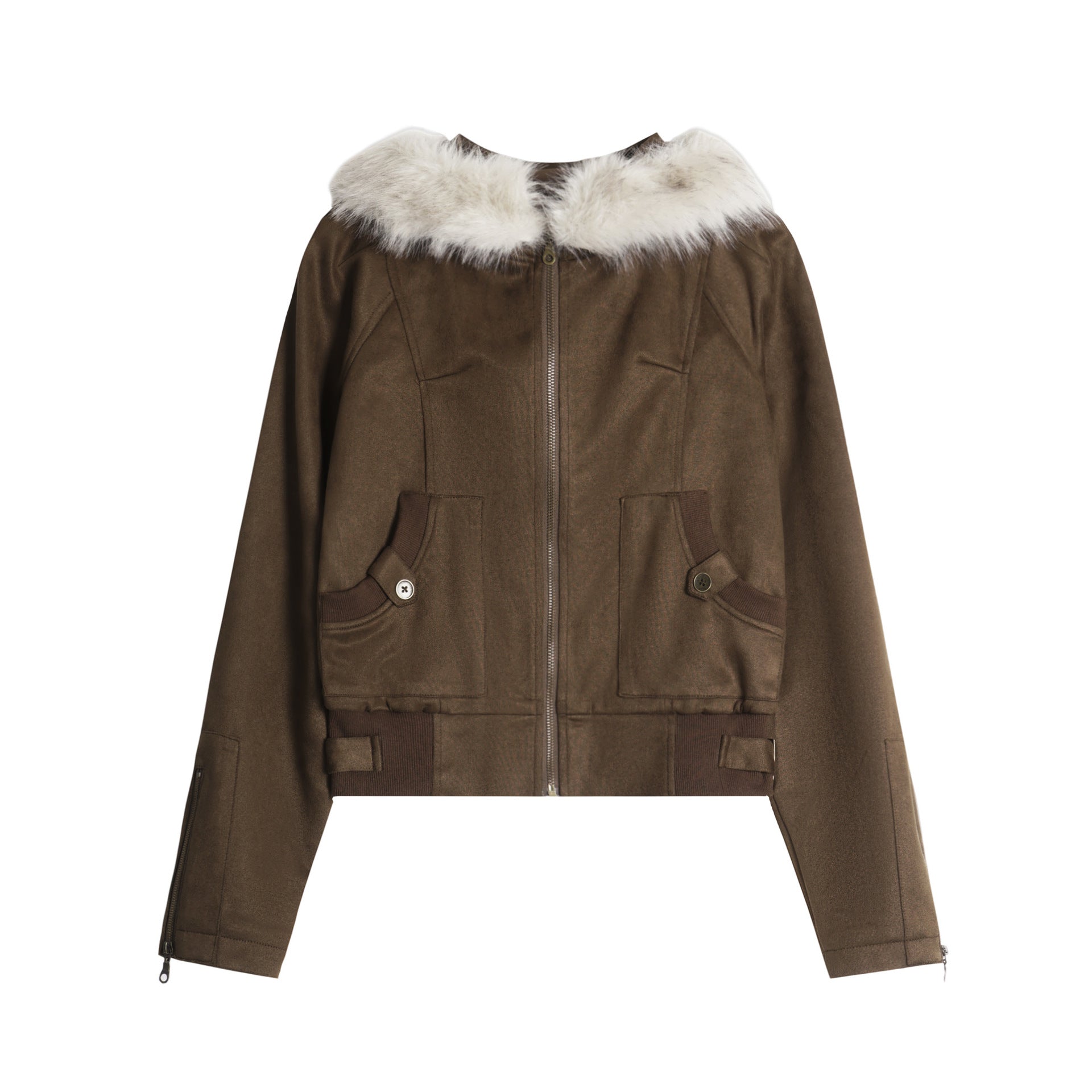 Retro mountain carved fur collar suede hooded jacket for women