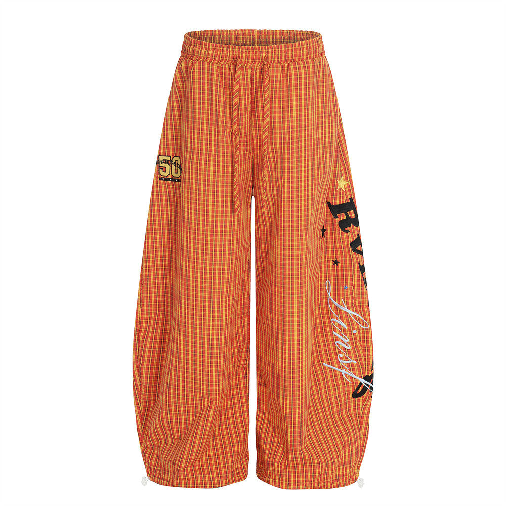 Embroidered plaid curved knife pants with letters
