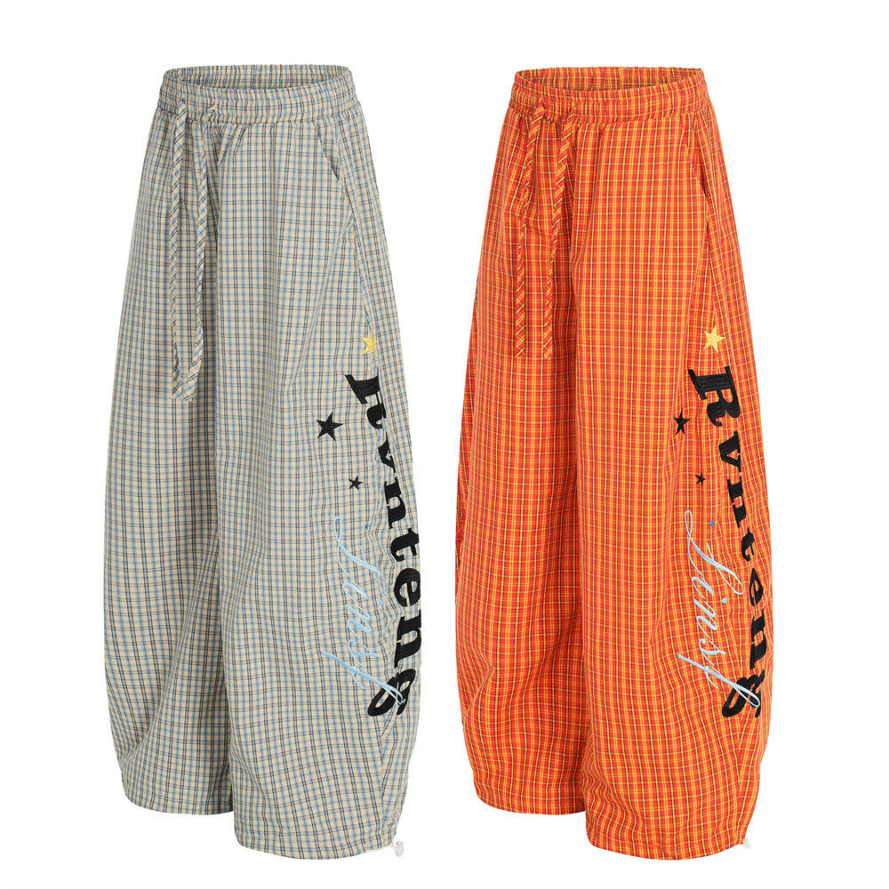 Embroidered plaid curved knife pants with letters