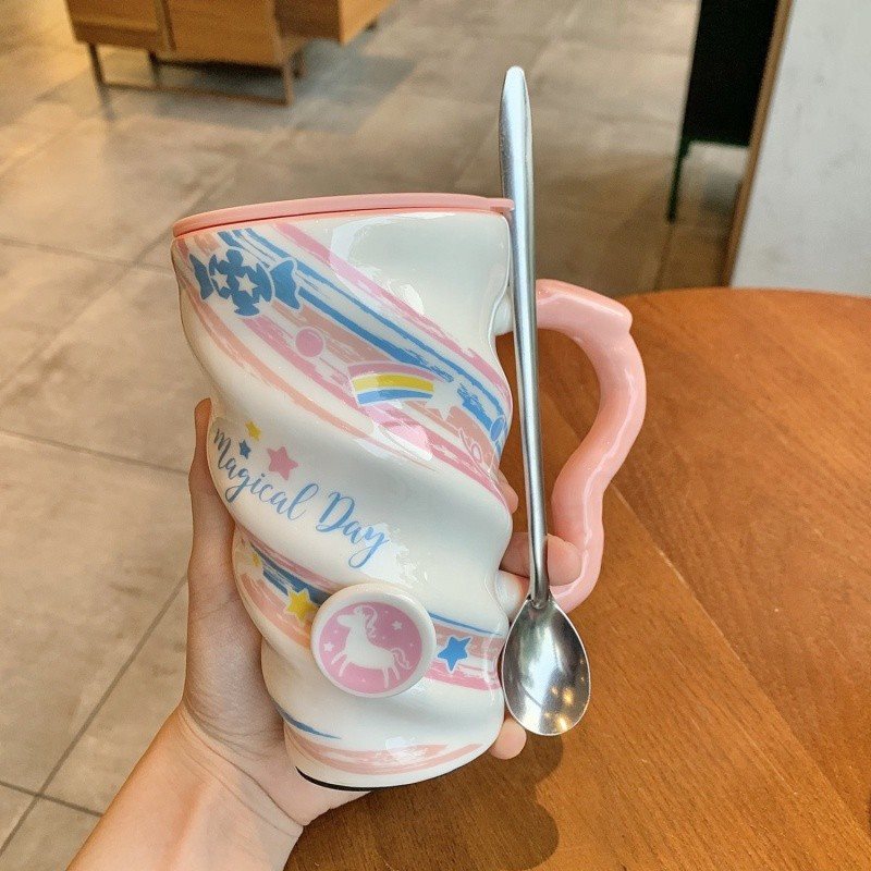 Candy Flamingo Ceramic Cup With Lid And Stainless Steel Spoon