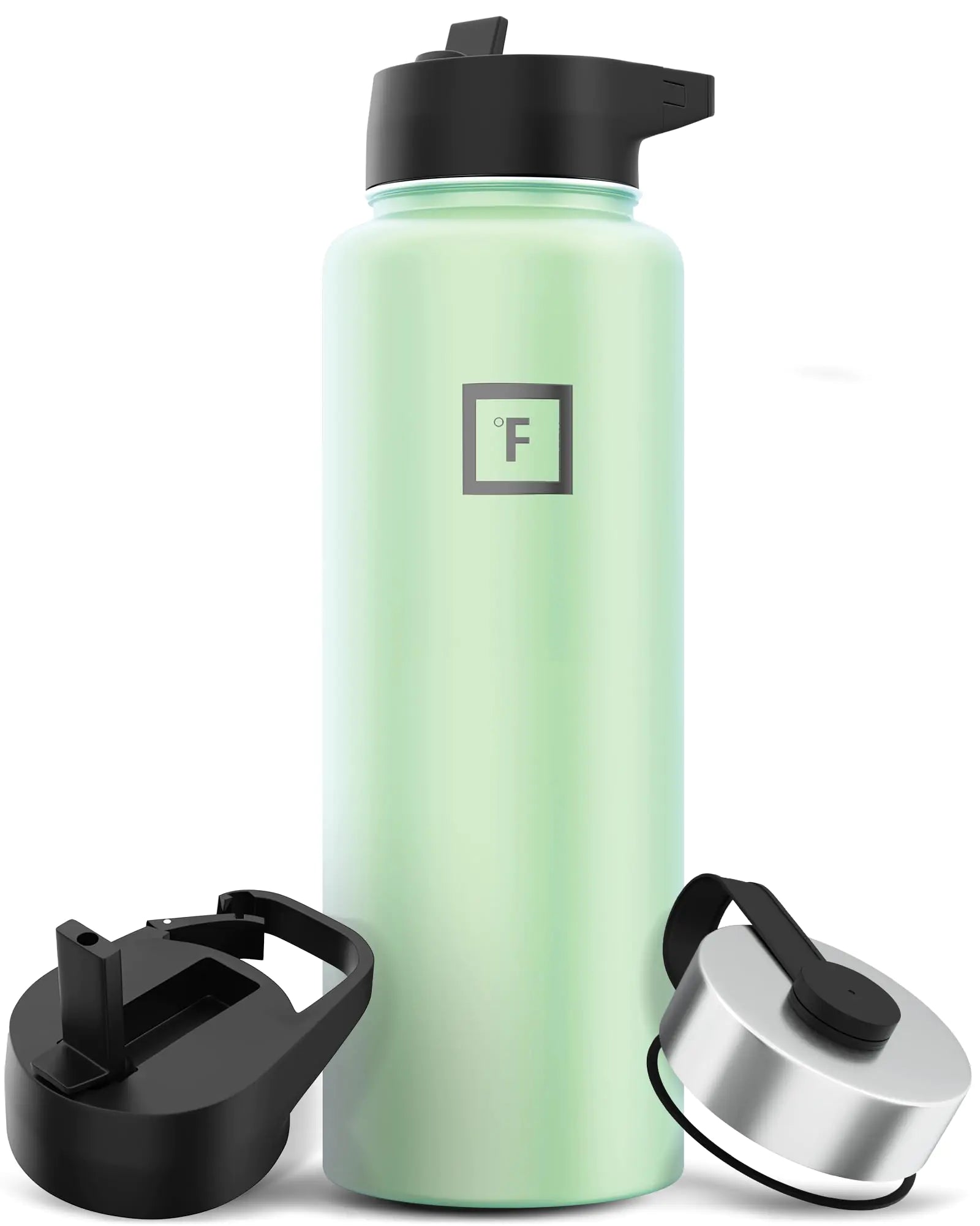 IRON °FLASK Camping & Hiking Hydration Flask with 3 Lids - Stainless Steel Double Walled & Vacuum Insulated Water Bottle - Leak Proof & BPA Free (Mint Straw - 40 oz)