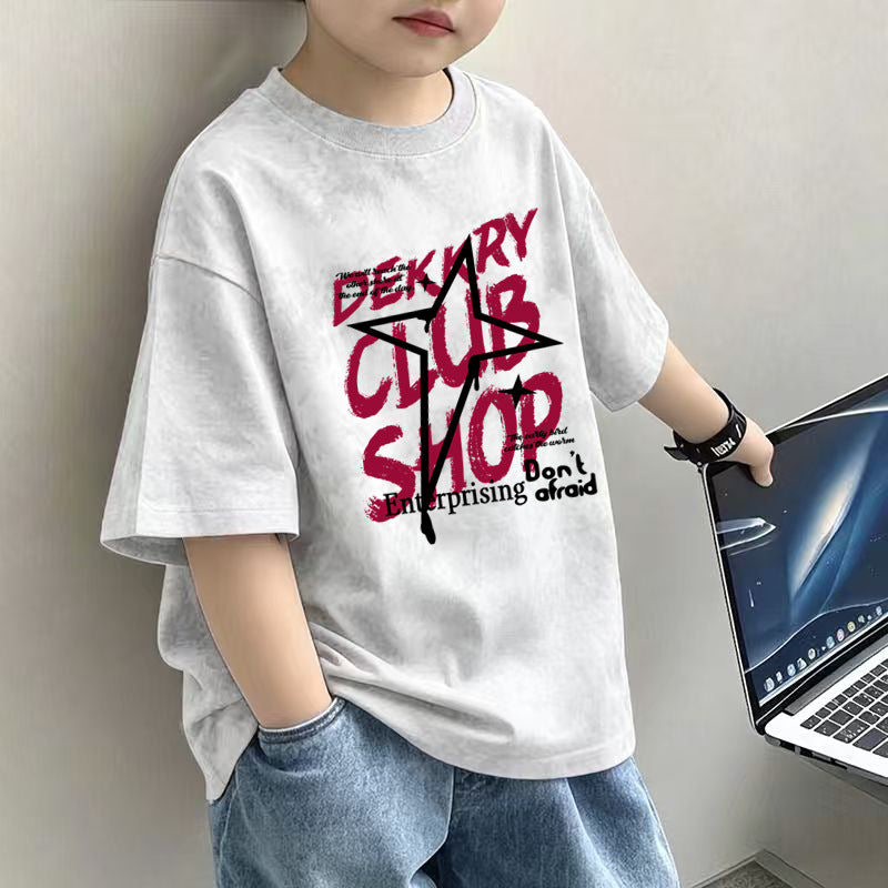 Boys' Letter Print T-Shirt – Casual Short Sleeve Cotton Tee for Kids | 120–170