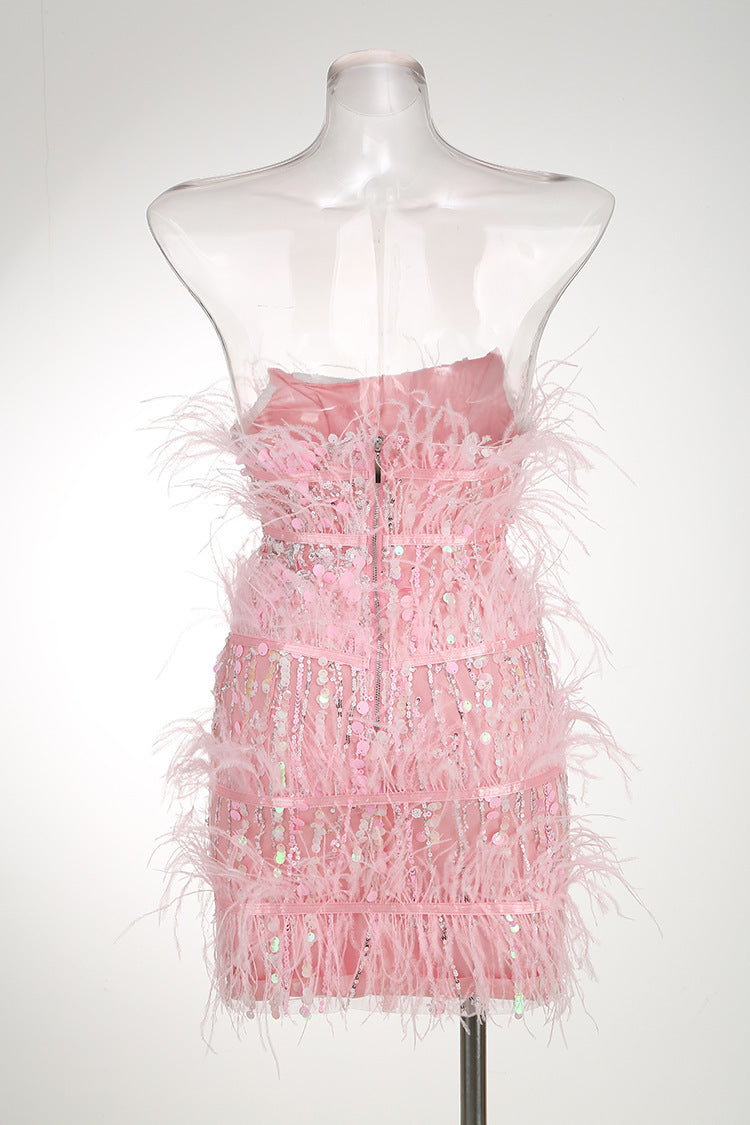 Party Fashion High-end Barbie Pink Sequin Ostrich Feather Dress