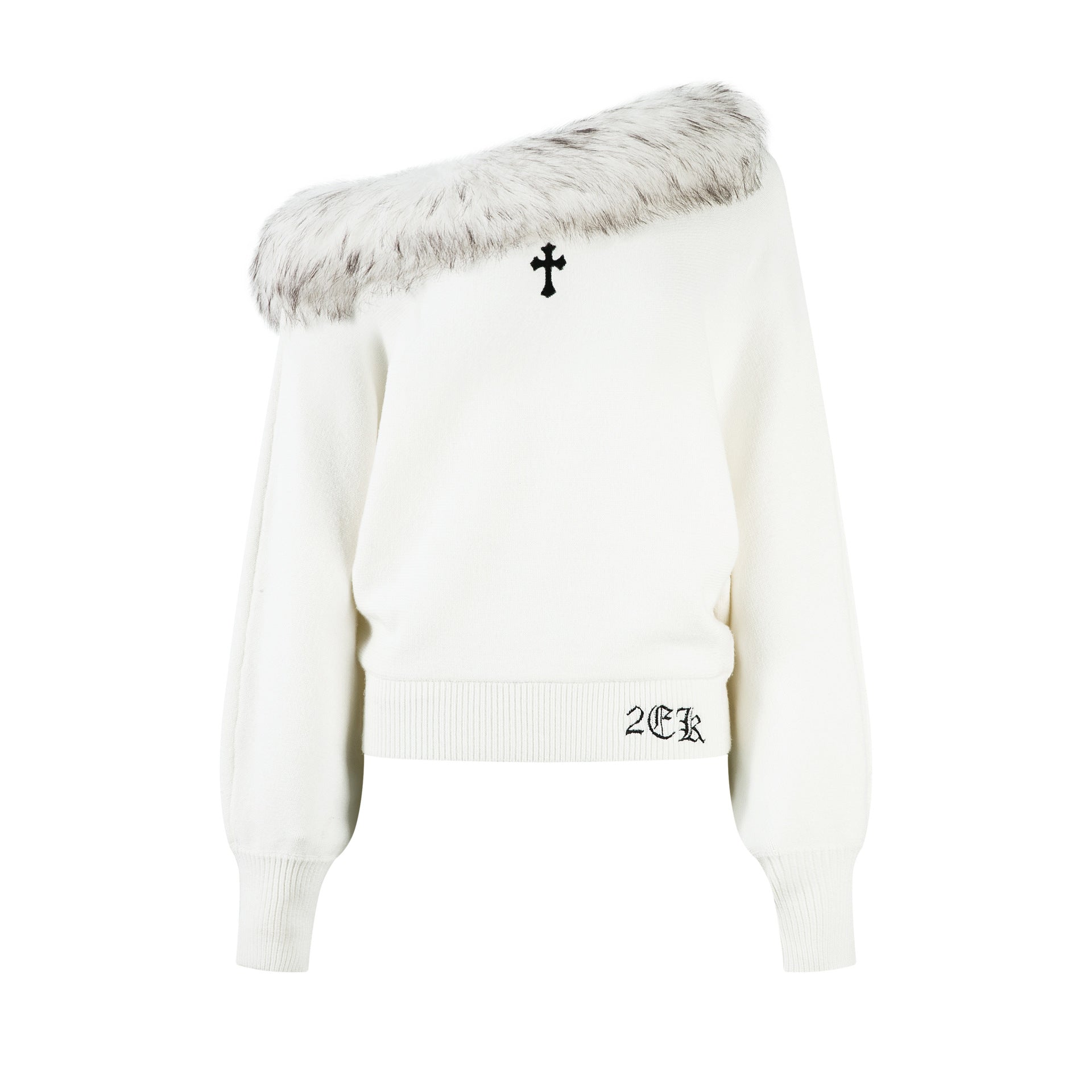 Women's one necked diagonal shoulder cross embroidered knitted sweater