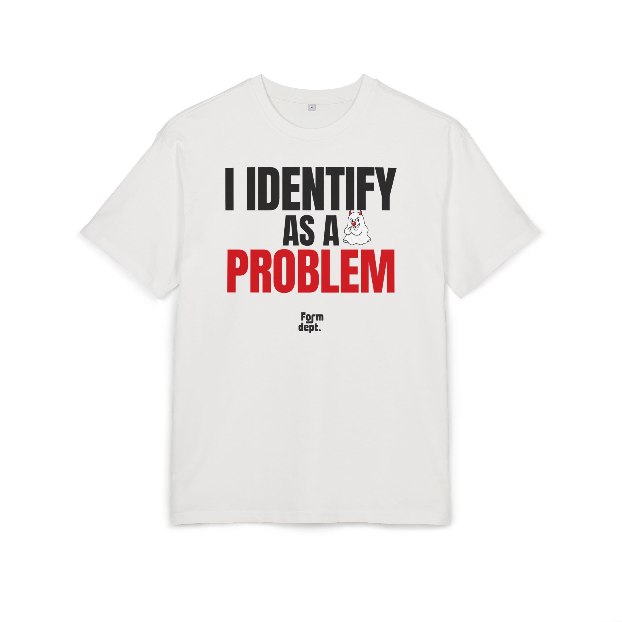 Camiseta oversize unisex «I Identify as a Problem» con estampado negro y rojo – vista 2 – Form Dept.