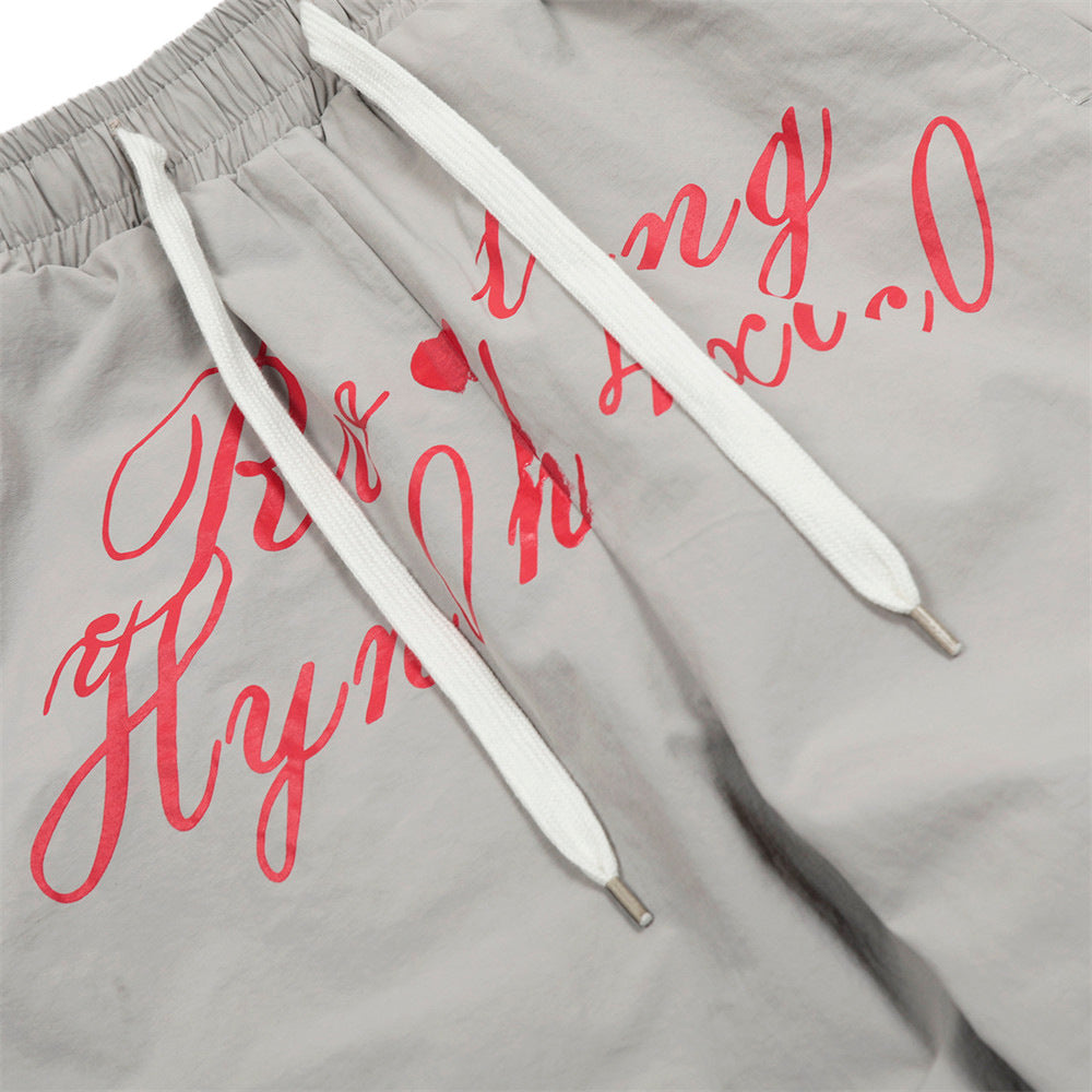 Letter Print Wide-Leg Nylon Pants – Street Style Drawstring Joggers