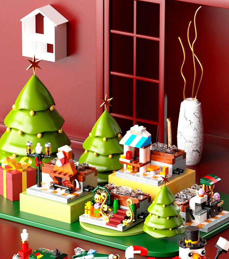 Christmas Tree Winter Elk Snowman Santa Claus Music Box Air Balloon Rotating Wreath LED Shining Gift Building Blocks Bricks