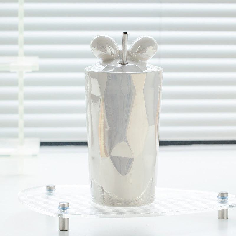 Double-layer Straw Bow Girl Tumbler Anti-scald Pearl Glaze