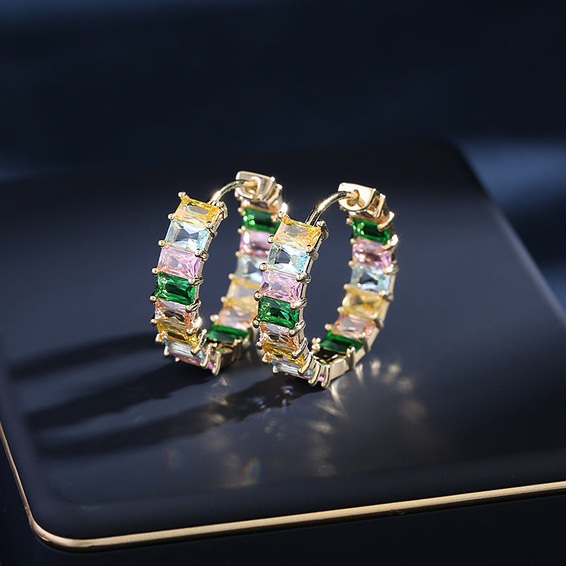 Women's Fashion Rectangular Zirconia Inner And Outer Setting Earrings