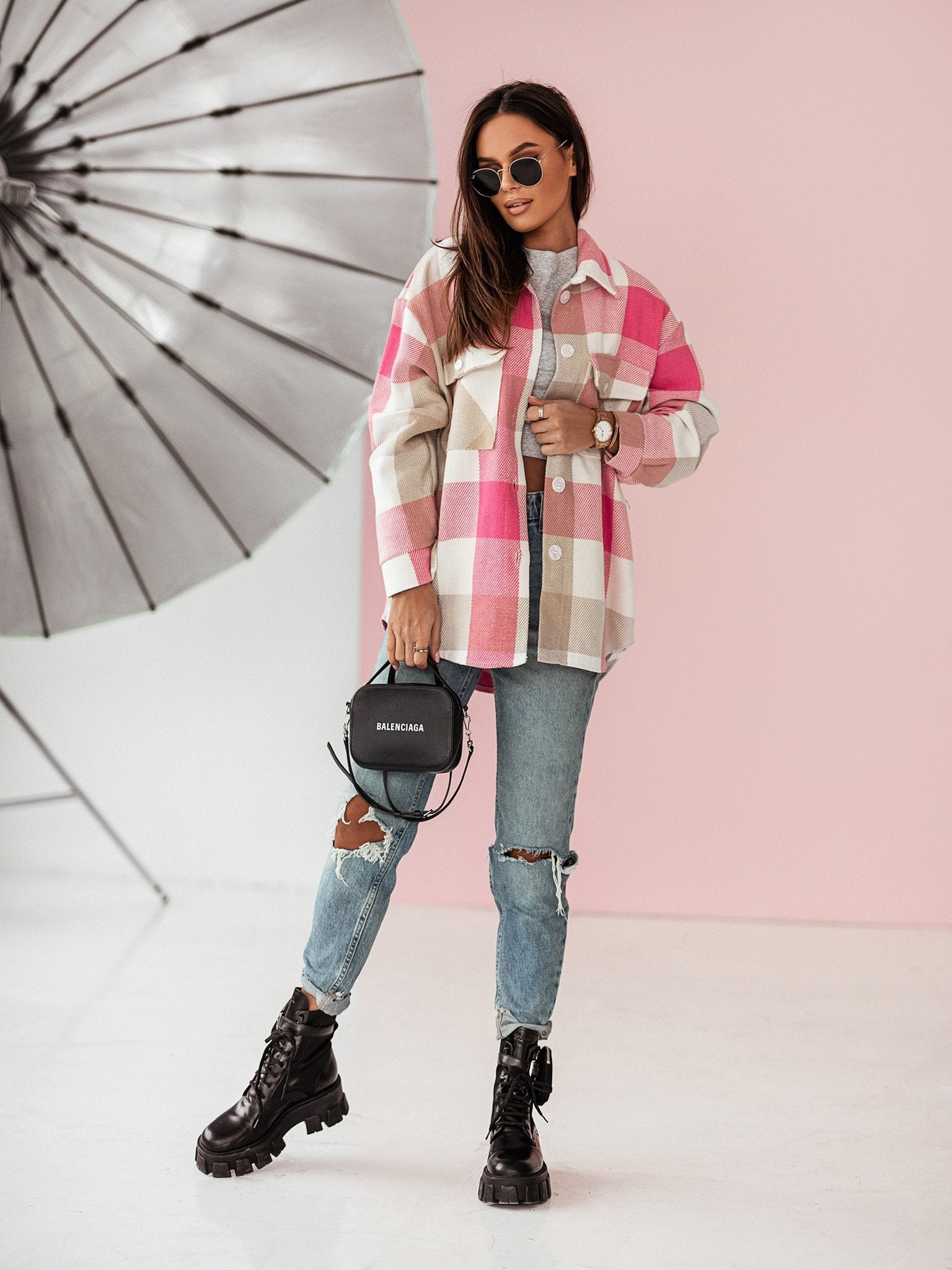 Women's Fashionable Color Plaid Shirt Brushed Woolen Coat